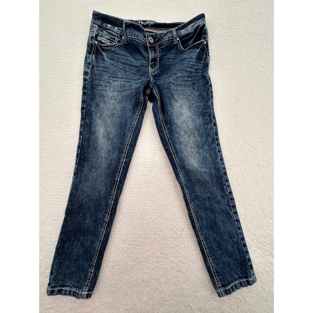 Amethyst Womens Dark Wash Thick Stitch Embellished Skinny Jeans 11 Y2K Acid Wash